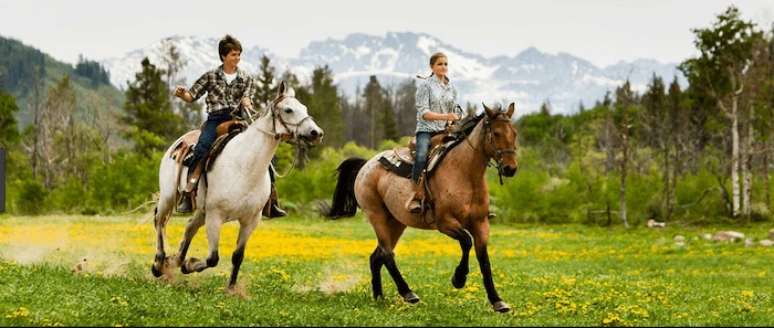 Confident plus-size woman riding Edgware a horse through a field with a smile on her face.